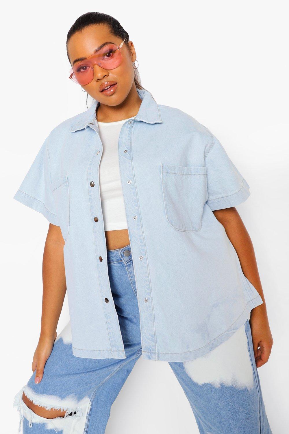 Women s Plus Oversized Short Sleeve Denim Shirt Boohoo UK